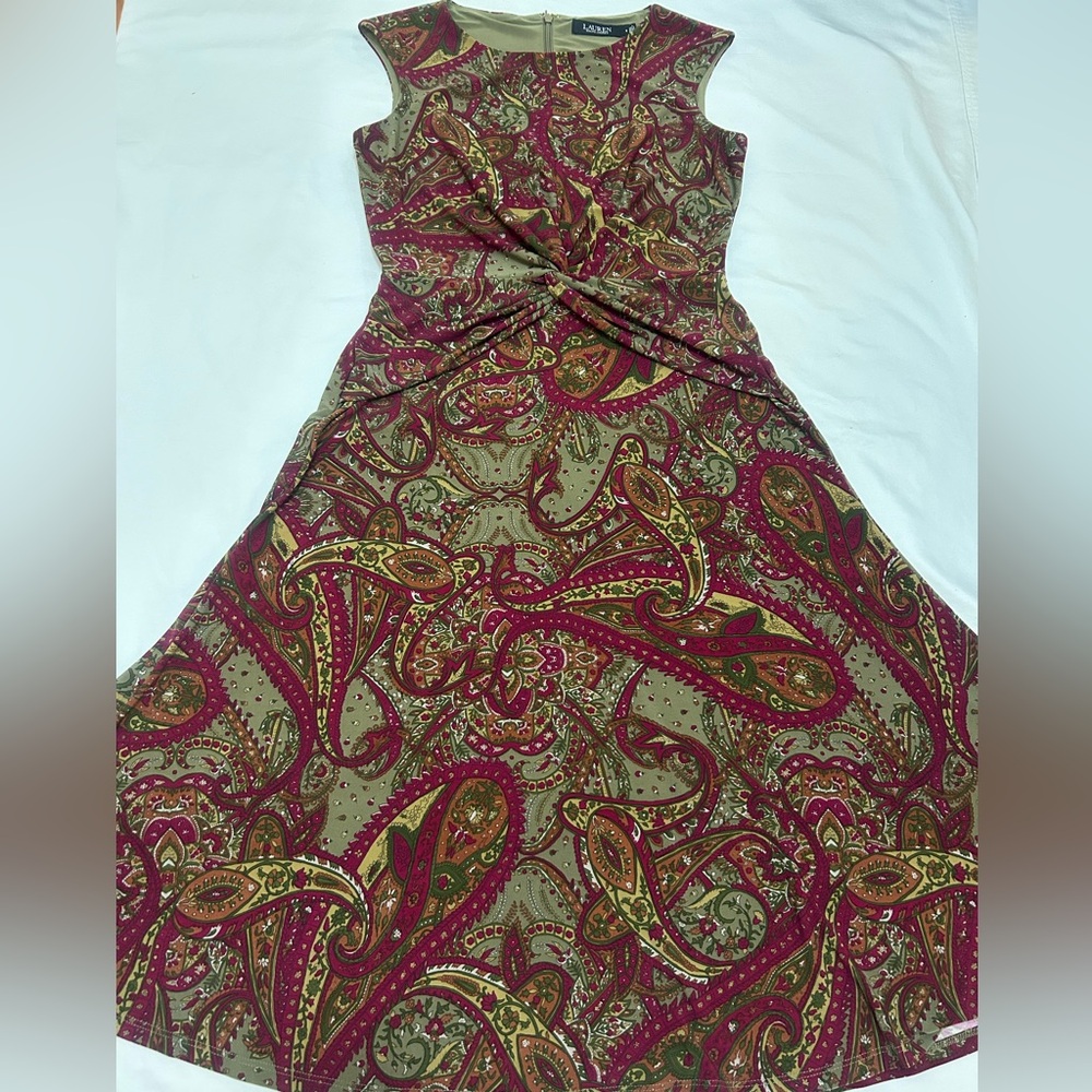 Ralph Lauren Dress Sleeveless Midi Burgundy/Green Size 6
